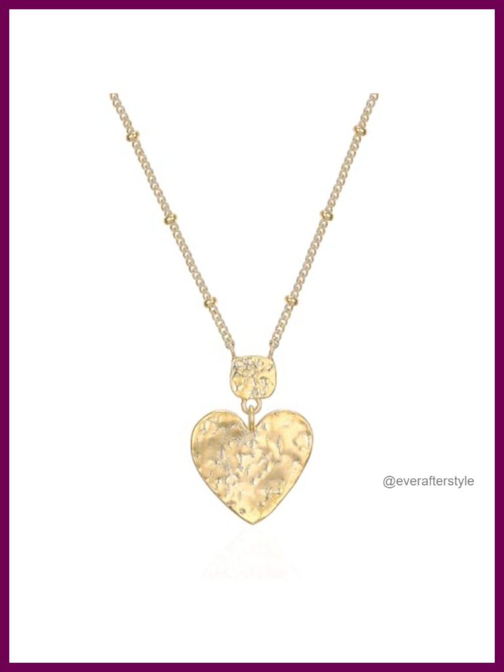 18K Gold Plated Hammered Heart Pendant Necklace 18+2" Beaded Chain
